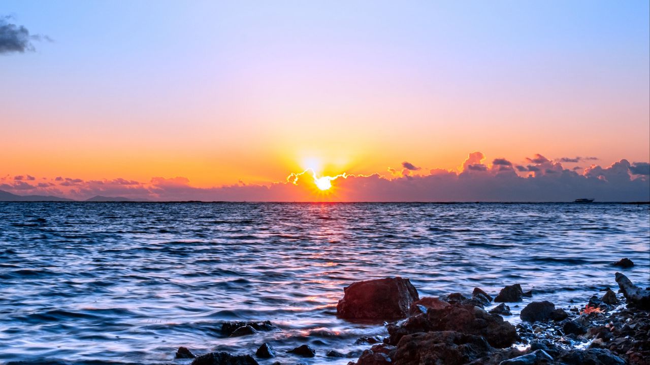 Wallpaper sea, sunset, sun, stones, horizon