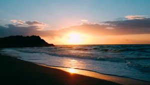 Preview wallpaper sea, sunset, surf, wave, foam, clouds