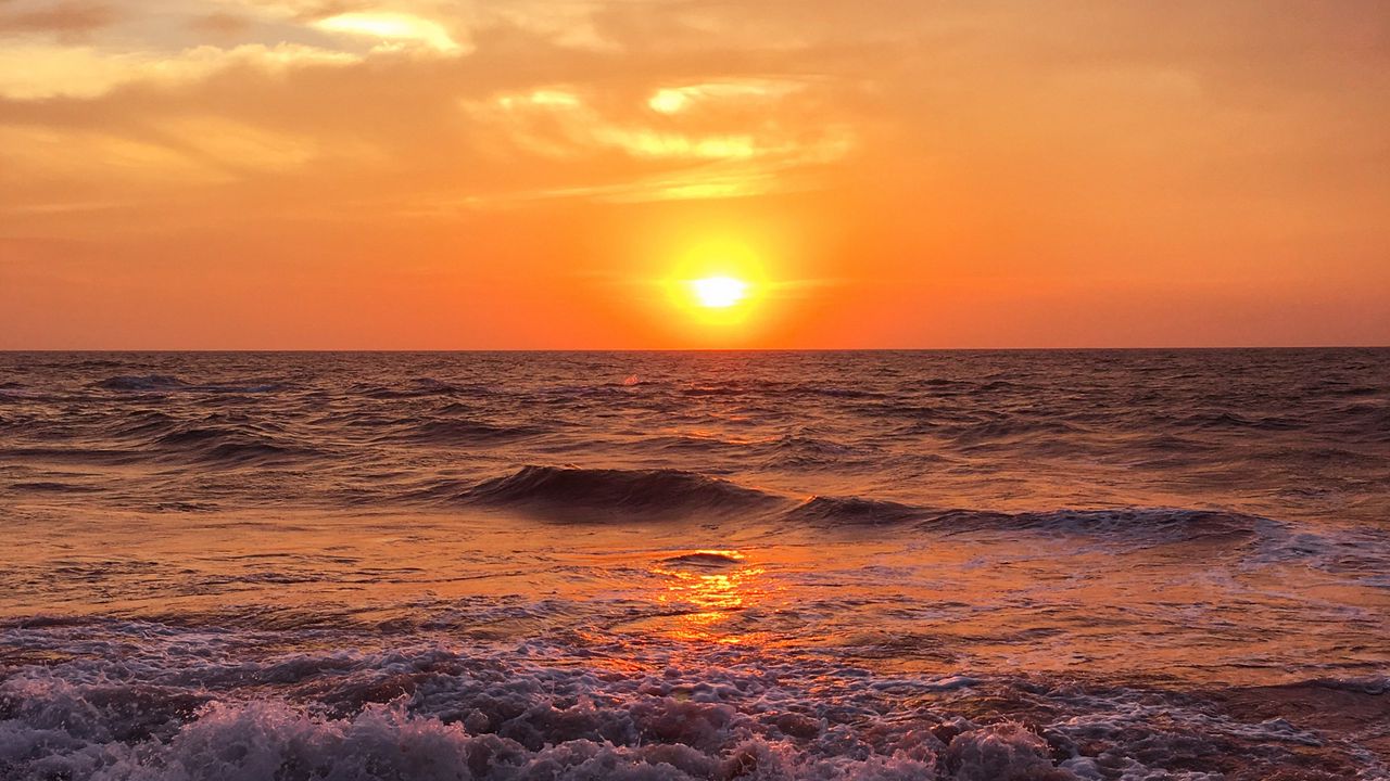 Wallpaper sea, sunset, surf, foam, ocean, horizon
