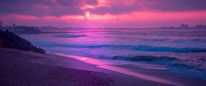 Preview wallpaper sea, sunset, waves, surf, shore, horizon