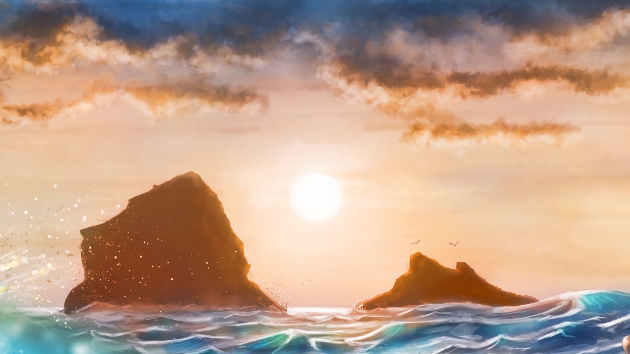 Wallpaper sea, sunset, waves, rocks, art