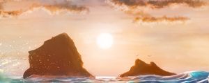 Preview wallpaper sea, sunset, waves, rocks, art
