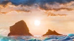 Preview wallpaper sea, sunset, waves, rocks, art