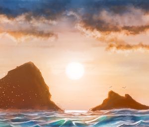 Preview wallpaper sea, sunset, waves, rocks, art