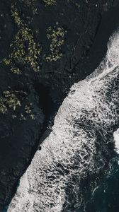 Preview wallpaper sea, surf, aerial view, foam, ocean, dark, rocks