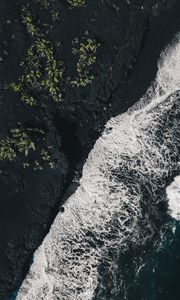 Preview wallpaper sea, surf, aerial view, foam, ocean, dark, rocks