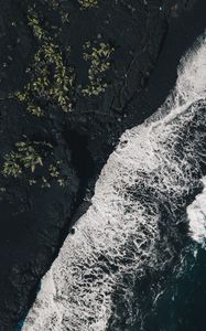 Preview wallpaper sea, surf, aerial view, foam, ocean, dark, rocks