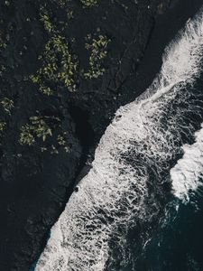 Preview wallpaper sea, surf, aerial view, foam, ocean, dark, rocks