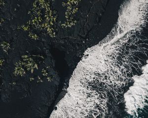 Preview wallpaper sea, surf, aerial view, foam, ocean, dark, rocks