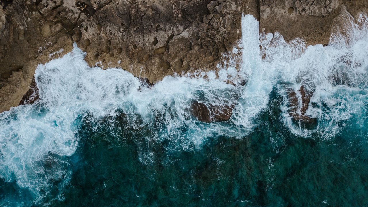 Wallpaper sea, surf, aerial view, rocks, foam