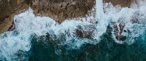 Preview wallpaper sea, surf, aerial view, rocks, foam