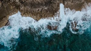 Preview wallpaper sea, surf, aerial view, rocks, foam