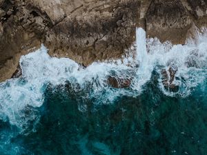 Preview wallpaper sea, surf, aerial view, rocks, foam