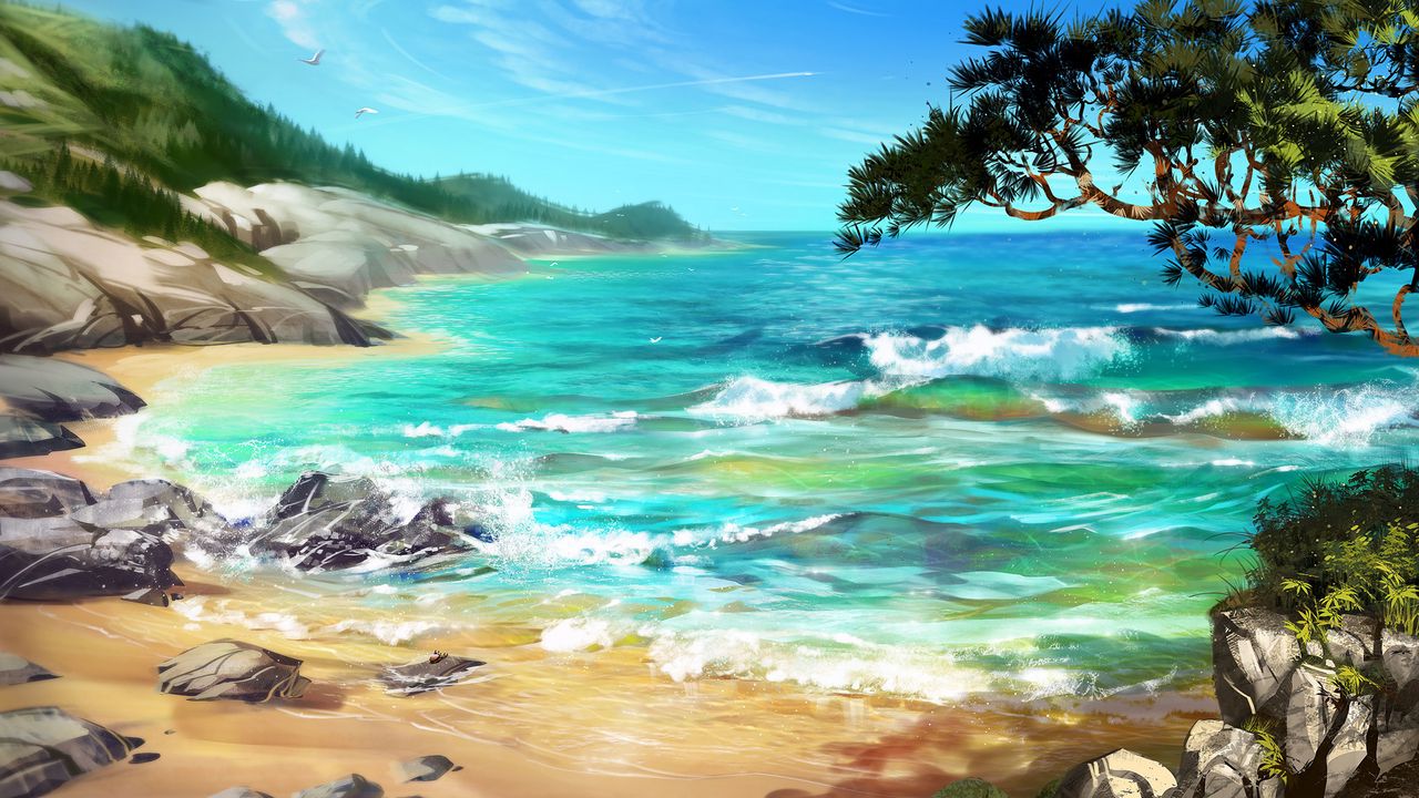 Wallpaper sea, surf, art, trees, rocks