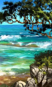 Preview wallpaper sea, surf, art, trees, rocks