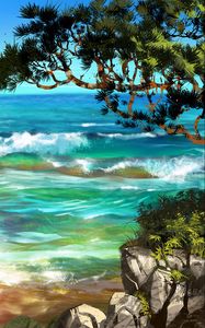 Preview wallpaper sea, surf, art, trees, rocks