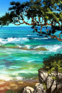 Preview wallpaper sea, surf, art, trees, rocks