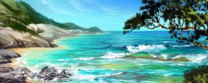 Preview wallpaper sea, surf, art, trees, rocks