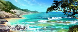 Preview wallpaper sea, surf, art, trees, rocks