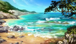 Preview wallpaper sea, surf, art, trees, rocks