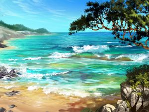 Preview wallpaper sea, surf, art, trees, rocks