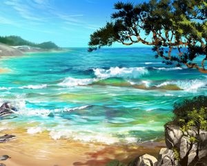 Preview wallpaper sea, surf, art, trees, rocks