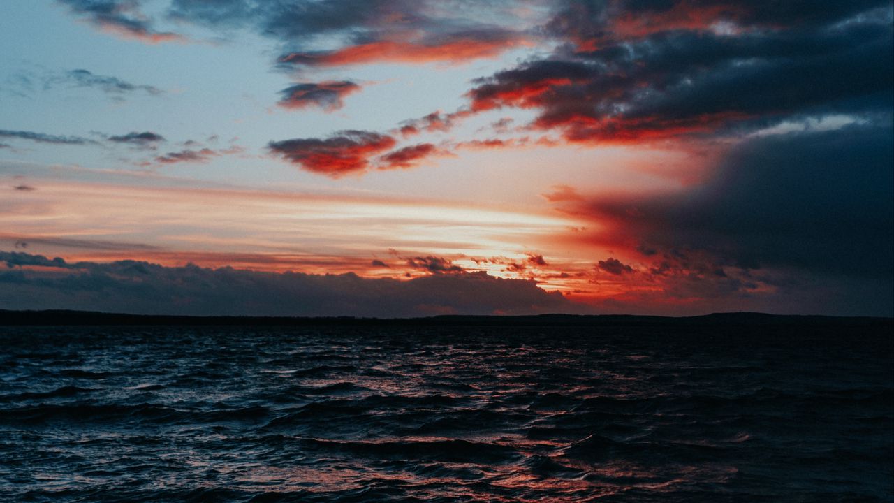 Wallpaper sea, surf, sunset, horizon, waves, clouds