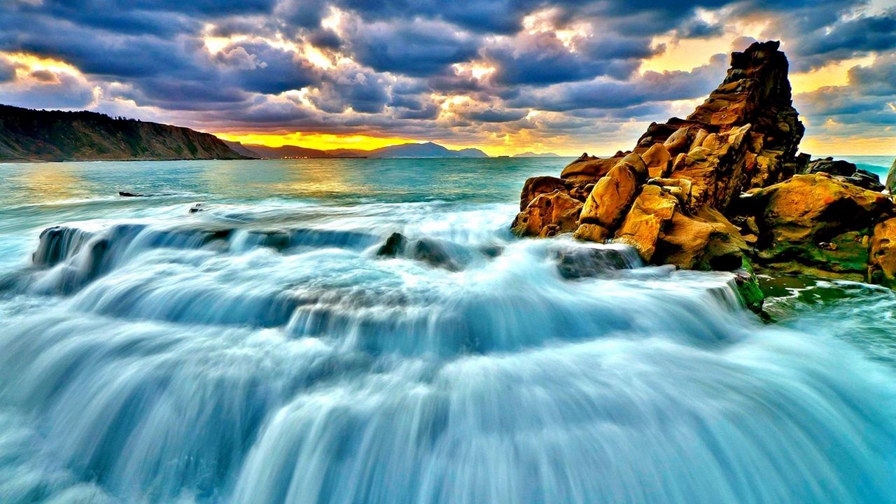 Wallpaper sea, surf, sunset, waterfall