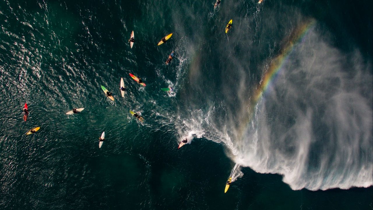Wallpaper sea, surfers, aerial view, surfing, waves, rainbow