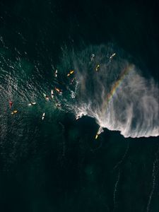 Preview wallpaper sea, surfers, aerial view, surfing, waves, rainbow