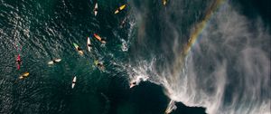 Preview wallpaper sea, surfers, aerial view, surfing, waves, rainbow
