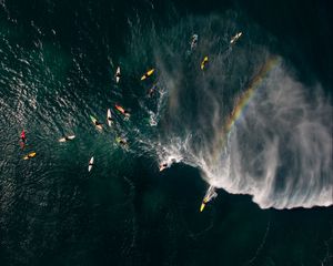 Preview wallpaper sea, surfers, aerial view, surfing, waves, rainbow