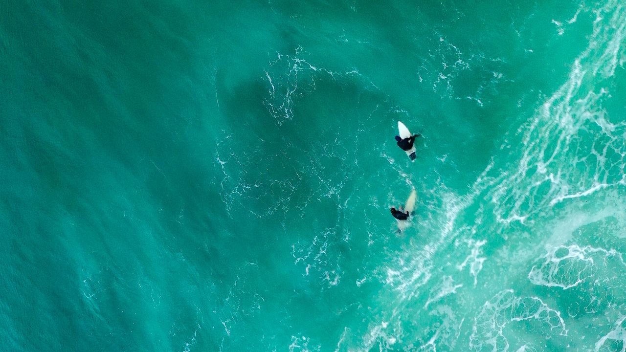 Wallpaper sea, surfers, aerial view, waves, water