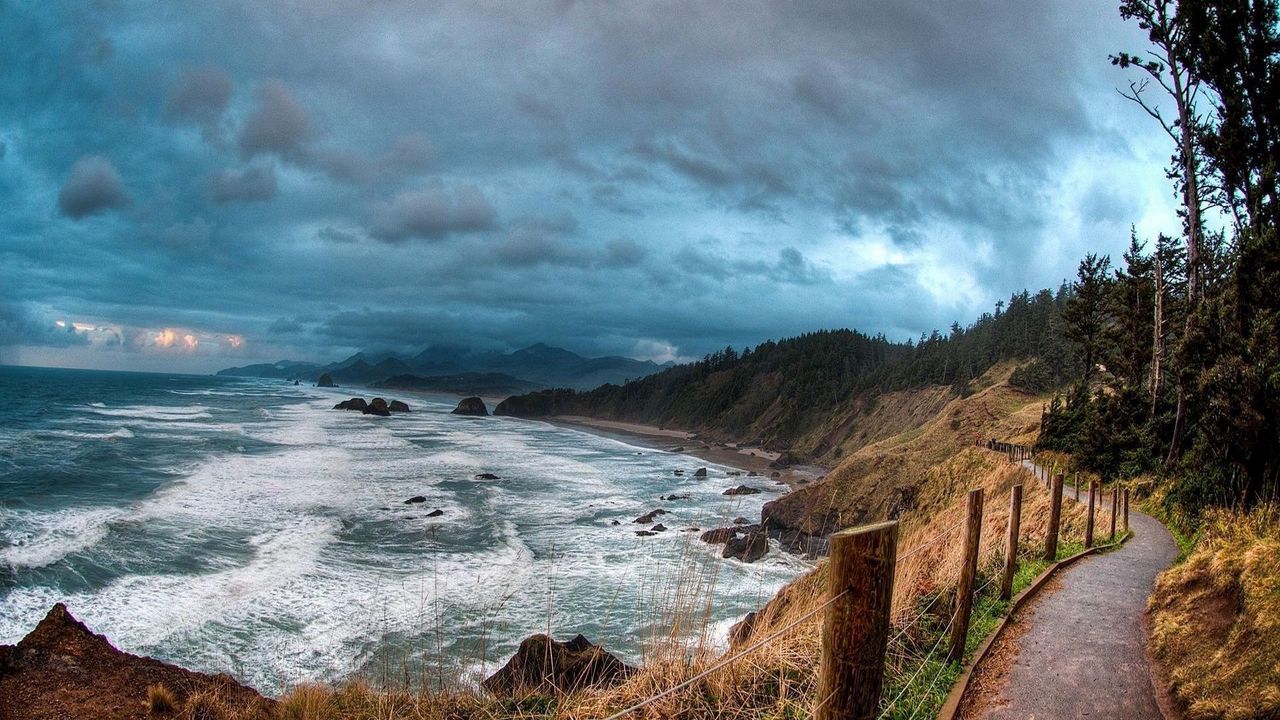 Wallpaper sea, the road along the sea, clouds, landscape