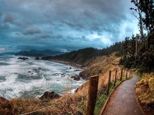 Preview wallpaper sea, the road along the sea, clouds, landscape