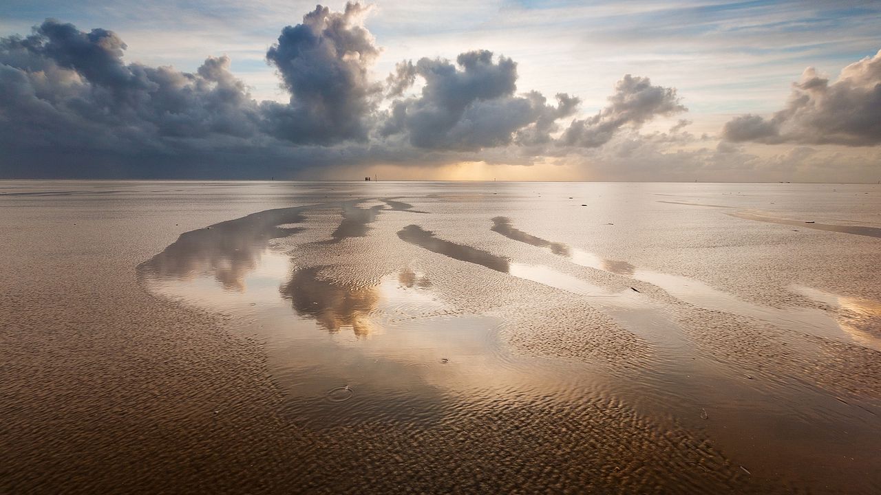 Wallpaper sea, tide, pools, sand, clouds, sky, evening