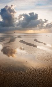 Preview wallpaper sea, tide, pools, sand, clouds, sky, evening