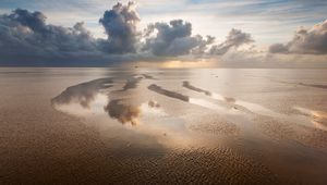 Preview wallpaper sea, tide, pools, sand, clouds, sky, evening