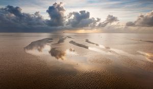 Preview wallpaper sea, tide, pools, sand, clouds, sky, evening