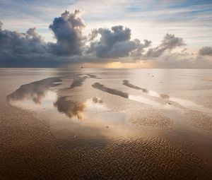 Preview wallpaper sea, tide, pools, sand, clouds, sky, evening