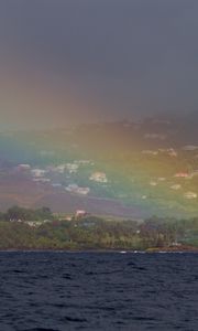 Preview wallpaper sea, trees, rainbow, houses