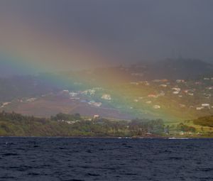 Preview wallpaper sea, trees, rainbow, houses