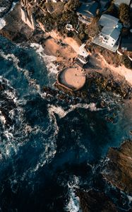 Preview wallpaper sea, view from above, swash, buildings