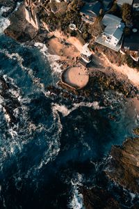 Preview wallpaper sea, view from above, swash, buildings