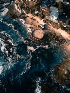 Preview wallpaper sea, view from above, swash, buildings