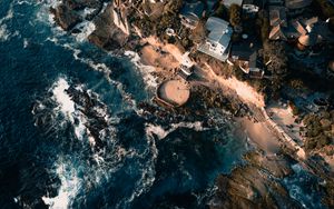 Preview wallpaper sea, view from above, swash, buildings