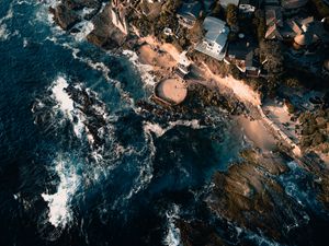 Preview wallpaper sea, view from above, swash, buildings