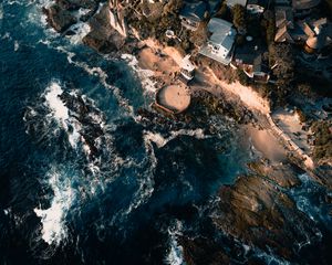 Preview wallpaper sea, view from above, swash, buildings