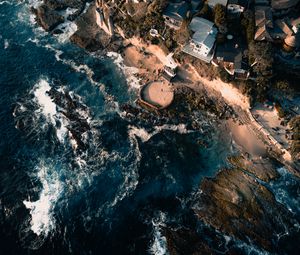 Preview wallpaper sea, view from above, swash, buildings