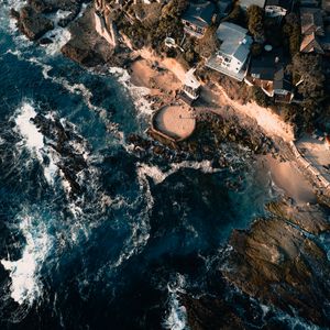 Preview wallpaper sea, view from above, swash, buildings